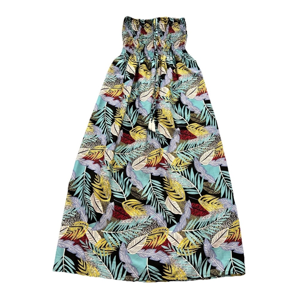 Gypsie Blu Strapless Maxi Dress Womens L Multi Tropical Smocked Tassel Tie Front